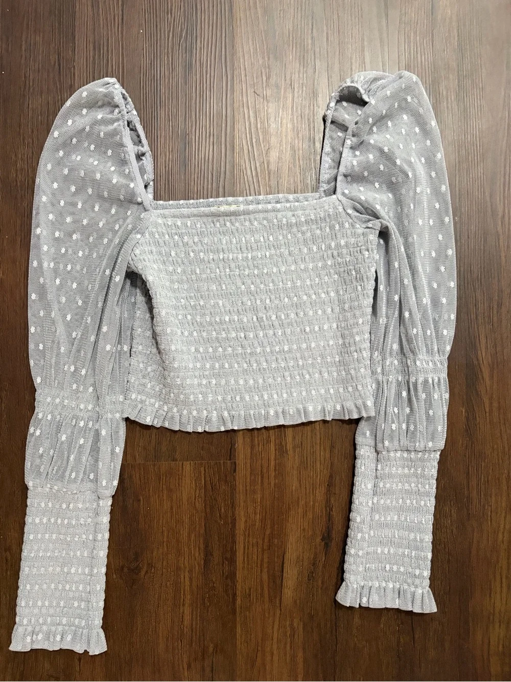 Free People Smocked Sheer Polka Dot Crop Top - Light Blue